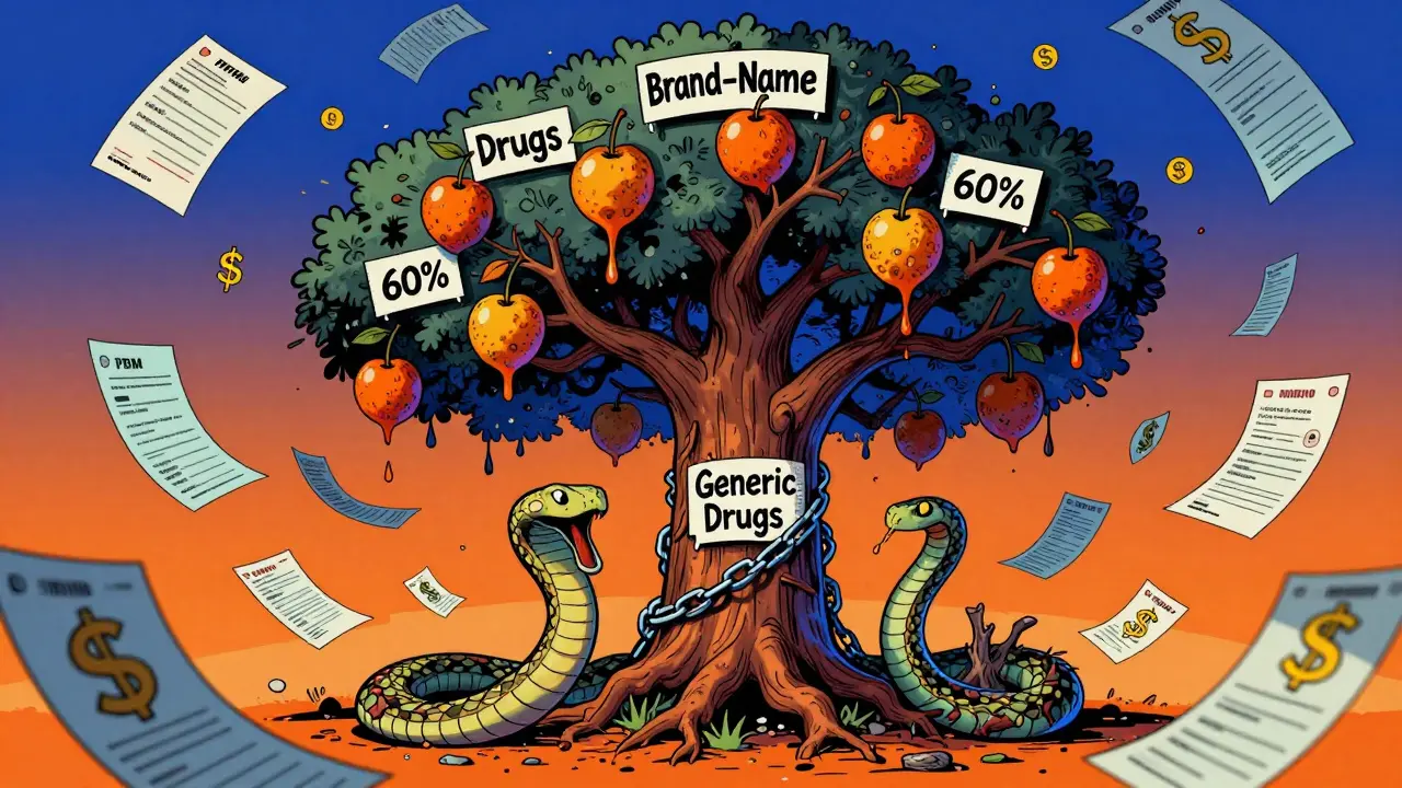 A twisted tree of drug formularies where brand-name rebates thrive and generics are chained, with a PBM snake feeding on profits.