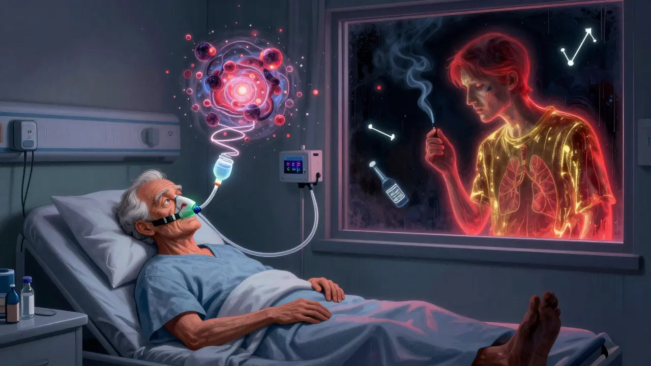 An elderly patient on oxygen therapy at night, with tubing connecting to a cosmic oxygen nebula and fading smoking self.