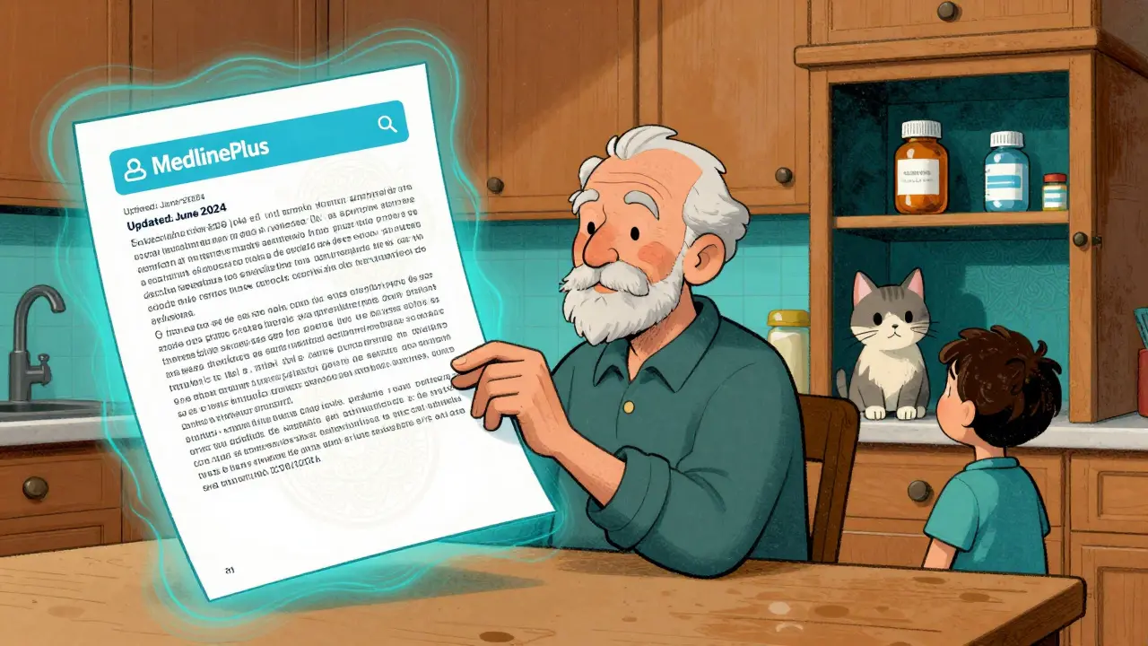 An elderly person reads a printed MedlinePlus drug page at home, with a Spanish version floating nearby and a pill bottle safely stored in a cabinet.