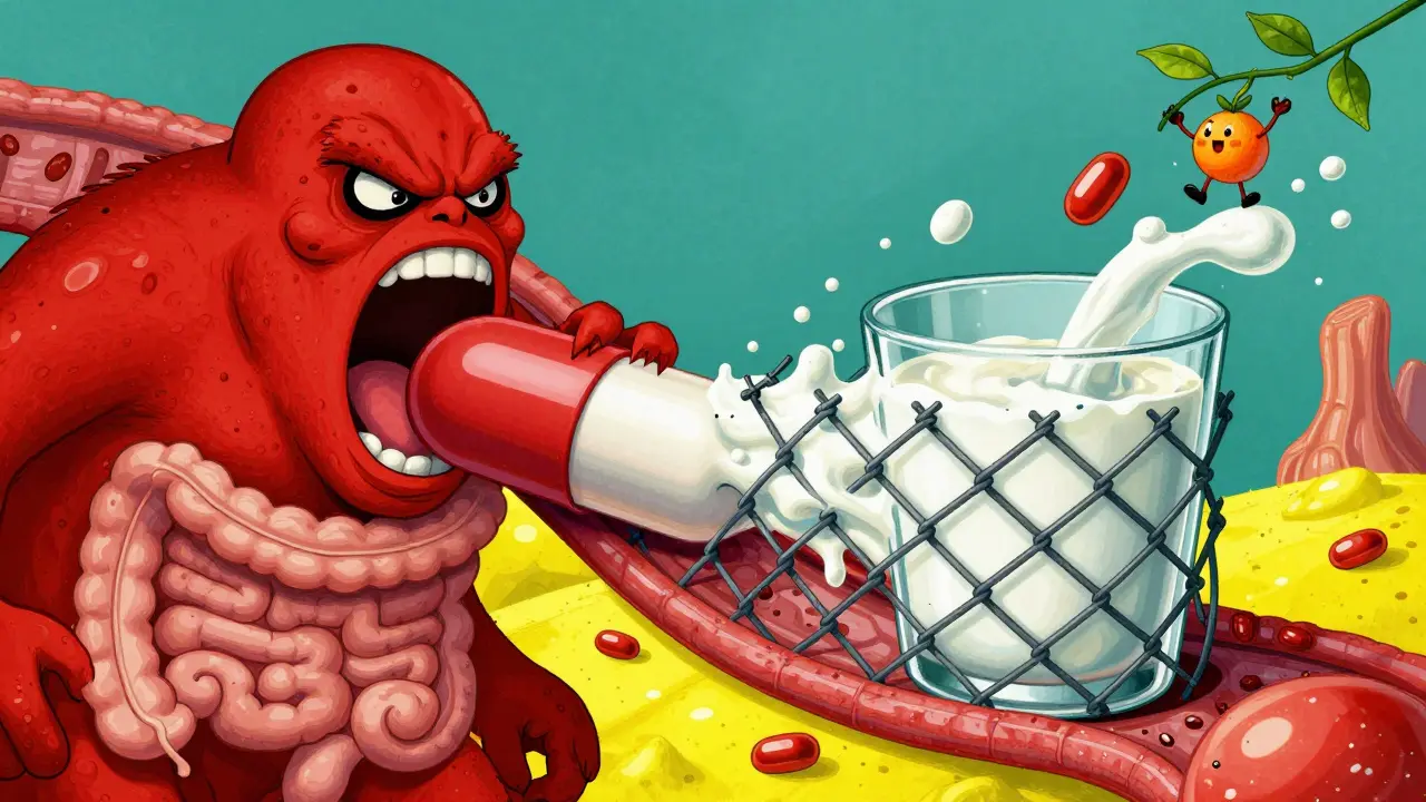 An iron capsule blocked by milk, rescued by vitamin C in a chaotic, colorful digestive tract scene.