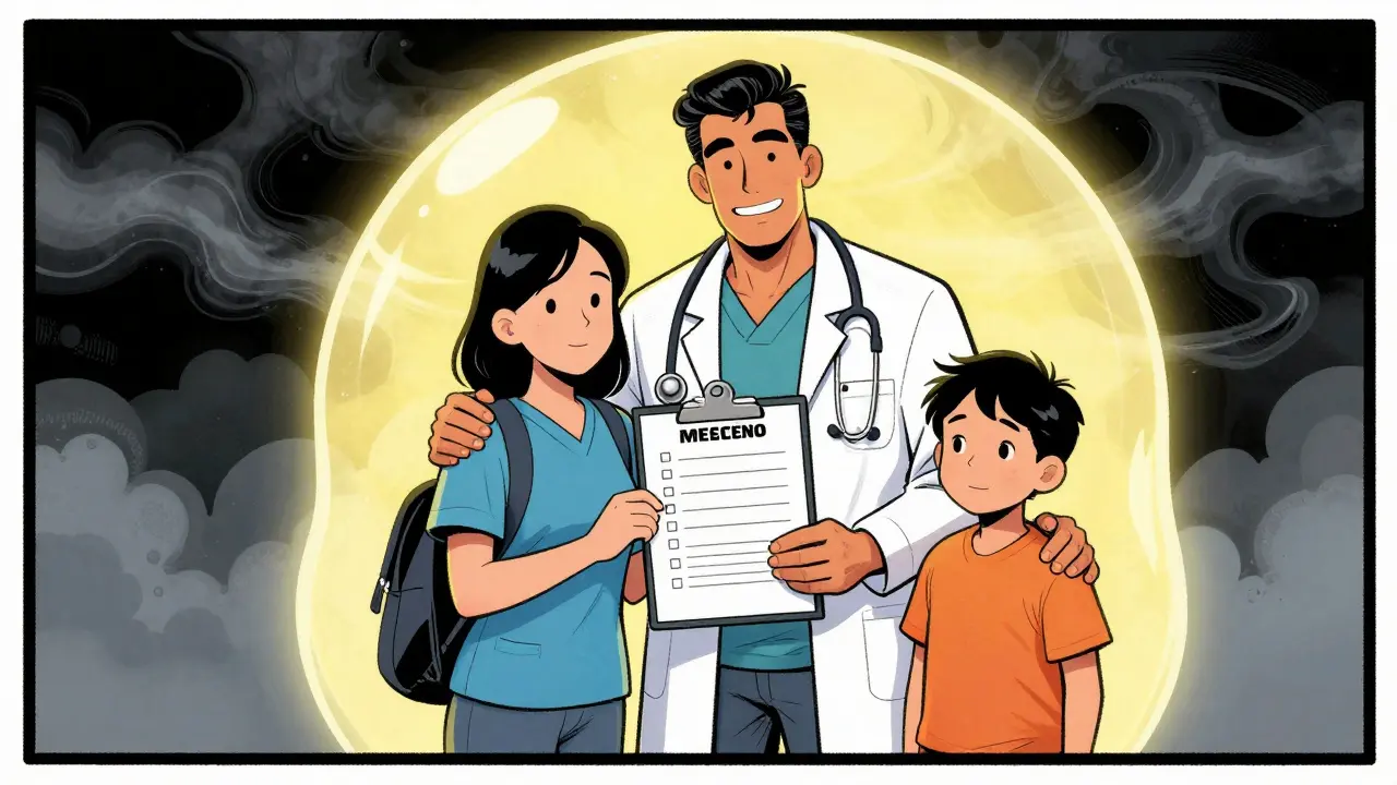 Caregiver consulting with a doctor in a bright protective environment.