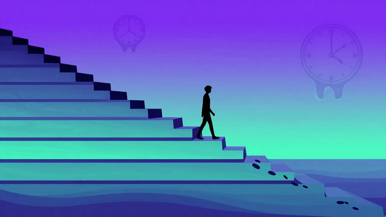 Figure walking down steps along a calm gradient recovery path
