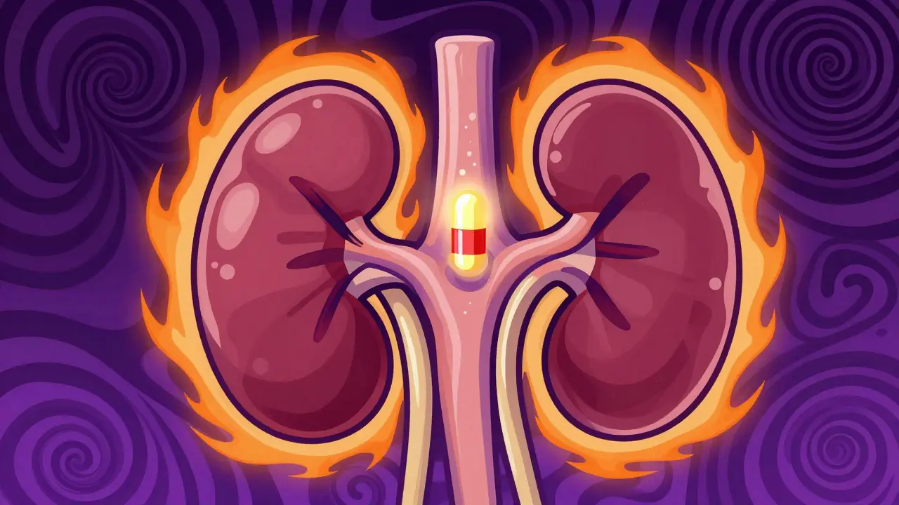Glowing medication capsule targeting a kidney organ with healing energy.