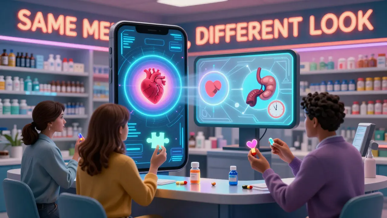 Patients hold colorful pills as a smartphone scans one, projecting simple medical icons in a psychedelic pharmacy scene.
