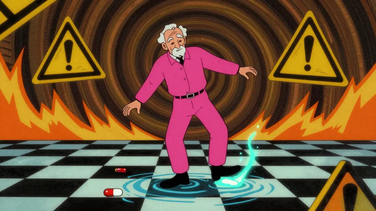 Person losing balance on warped floor surrounded by hazard signs