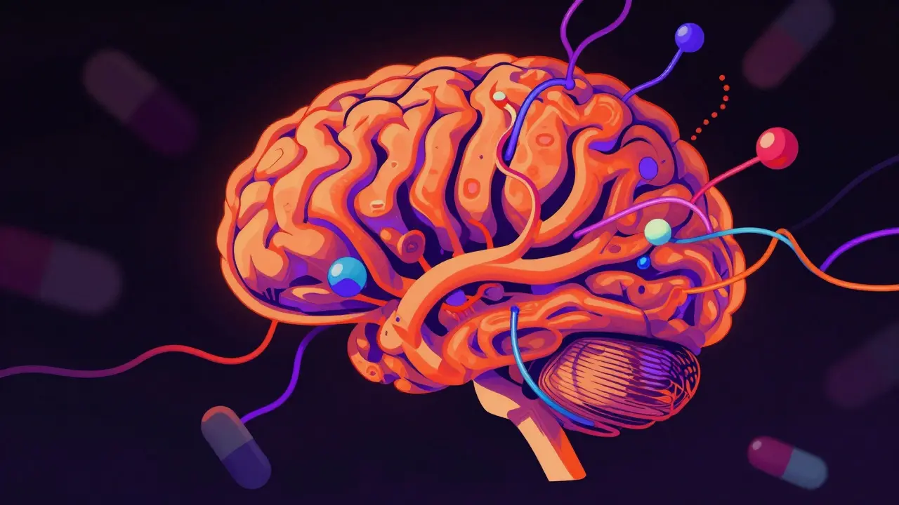 Stylized brain illustration with colorful neural disruptions representing medication effects.