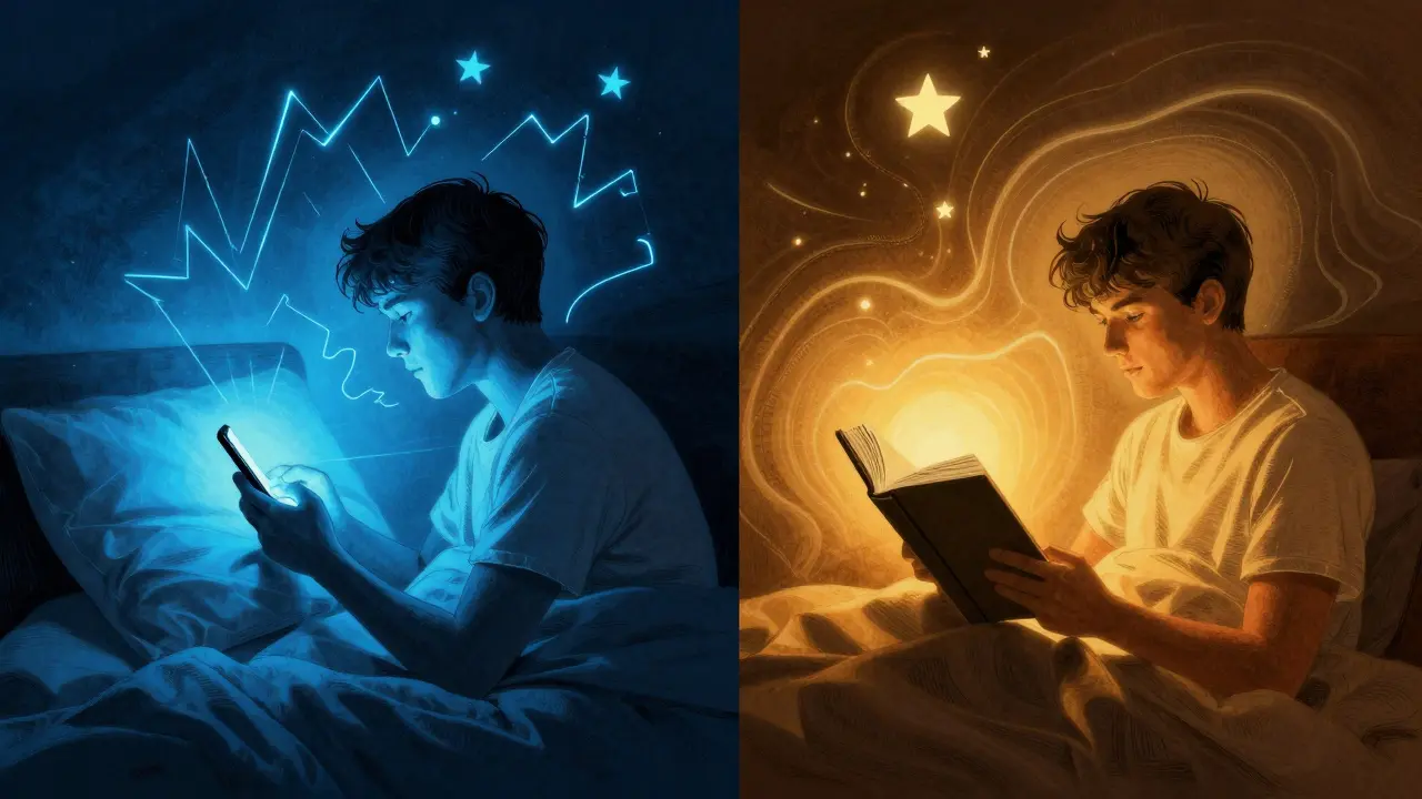 Two sides of a bedroom: one chaotic with blue screen light, the other calm with warm lamp light, showing contrast in sleep states.