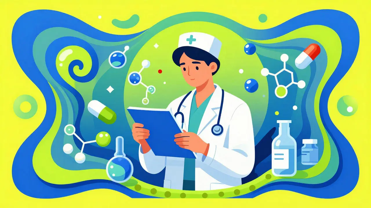 A medical specialist analyzing medication symbols in a colorful, surreal illustration.