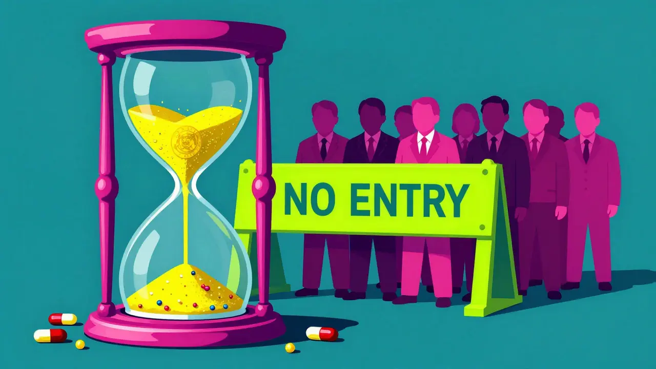 A warped hourglass and a neon barrier separating a drug innovator from competitors.