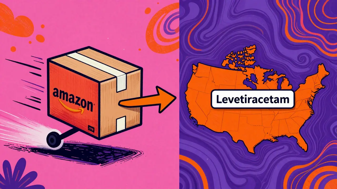 Colorful graphic showing a package delivery and a map crossing the US-Canada border.