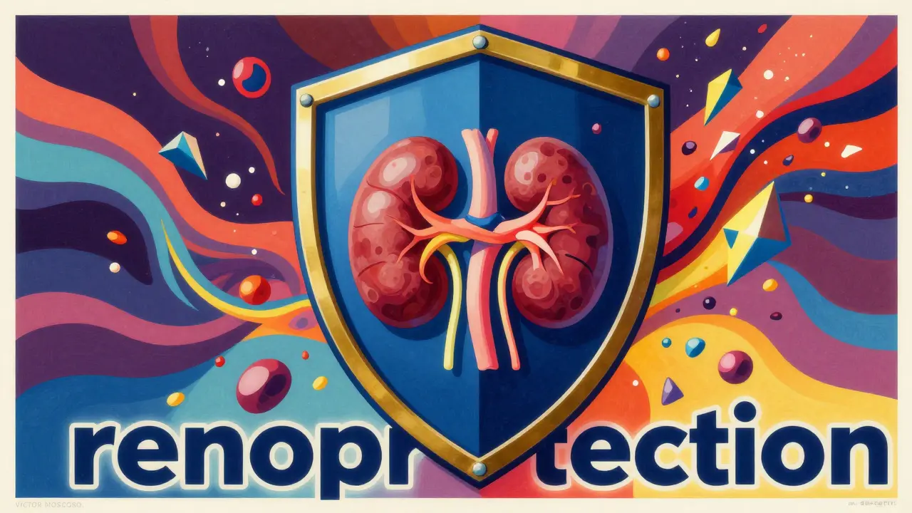Colorful illustration of a protective shield guarding a kidney from autoimmune inflammation.