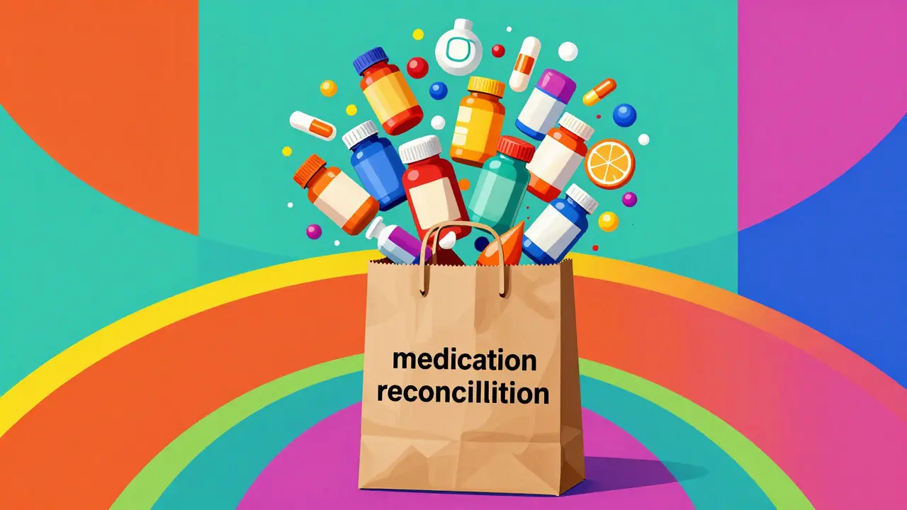 Graphic art showing a brown bag with colorful medicine bottles swirling outward.