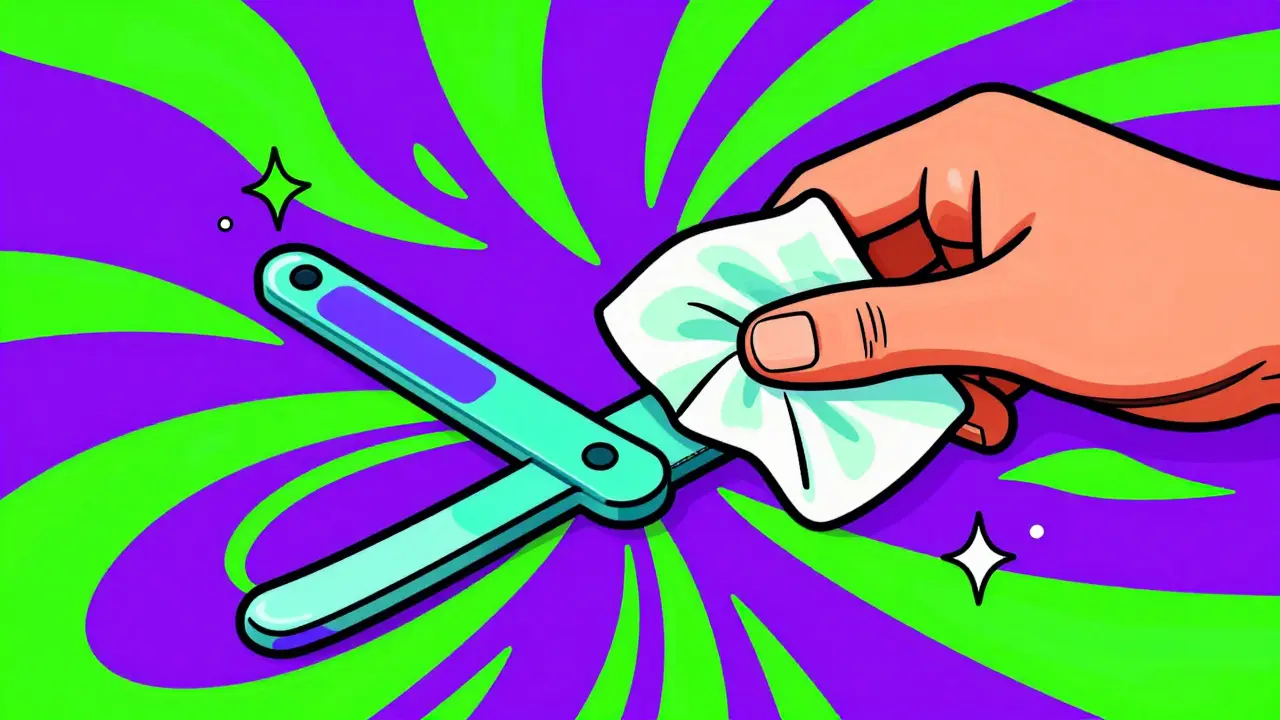 Graphic illustration of a pill splitter being cleaned with an alcohol wipe to prevent contamination.