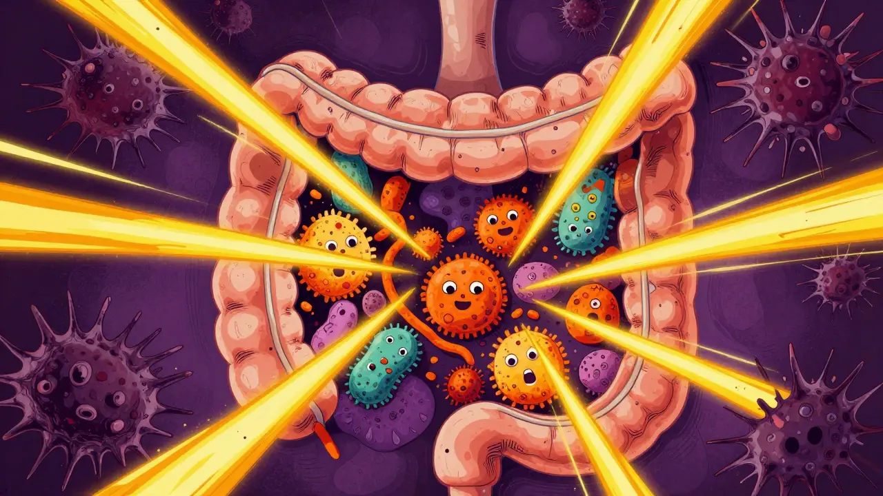 Psychedelic art depicting gut bacteria overwhelmed by harmful spiky pathogens inside body.