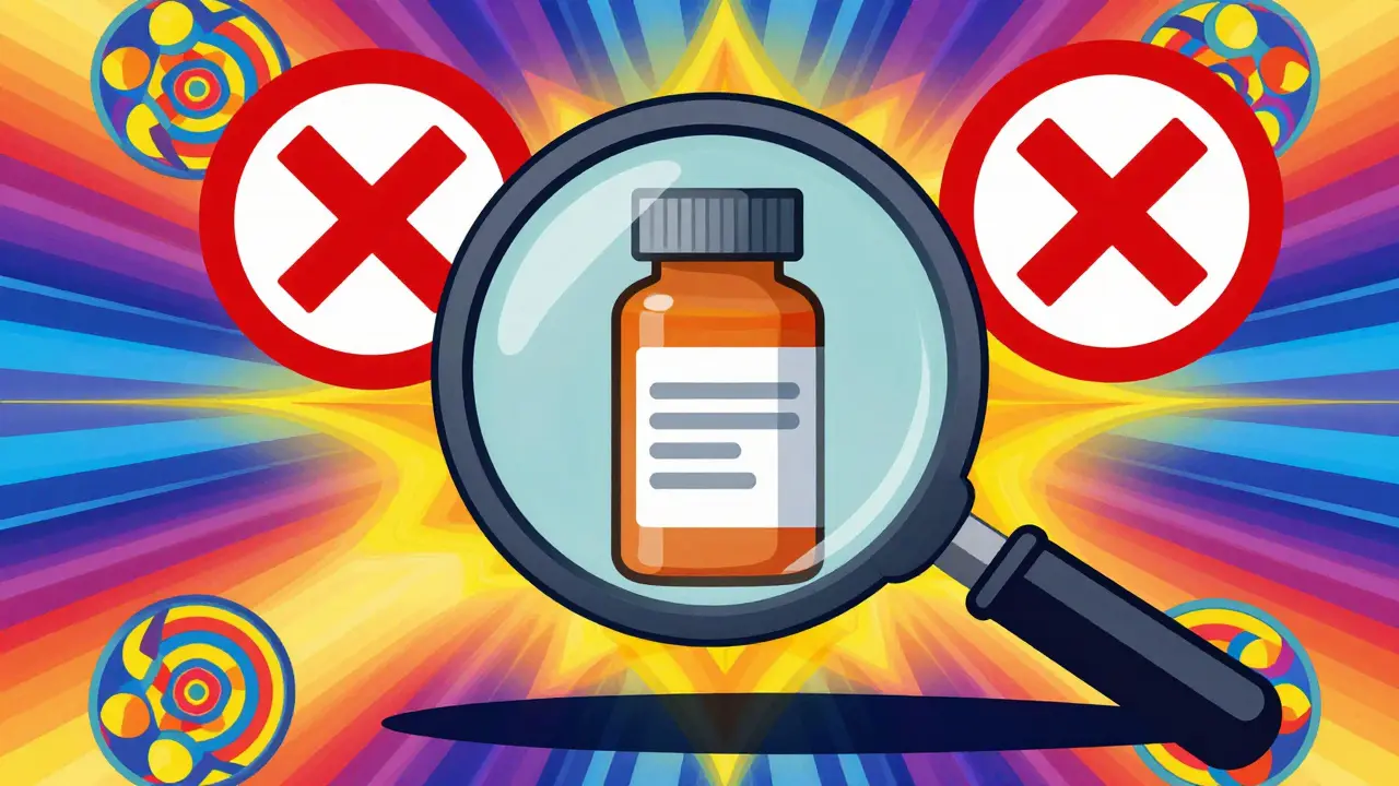 Psychedelic art of a magnifying glass inspecting a pill bottle with a warning symbol.