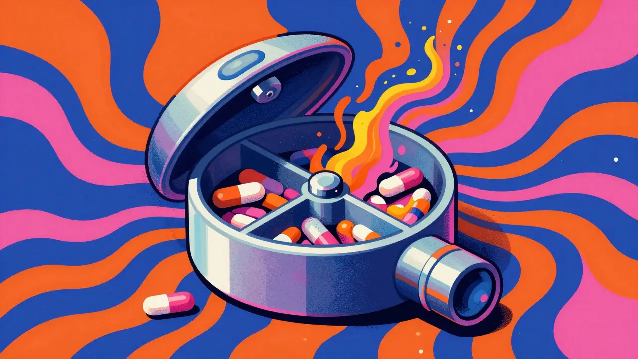 Psychedelic artwork of a closed-system pill crusher trapping hazardous medication particles.