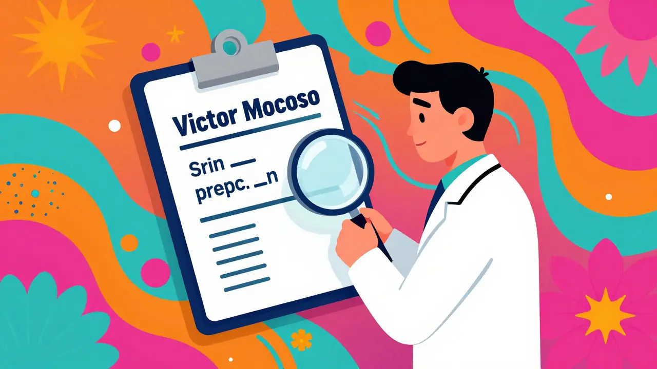 Stylized illustration of a digital prescription and a magnifying glass verifying a pharmacy