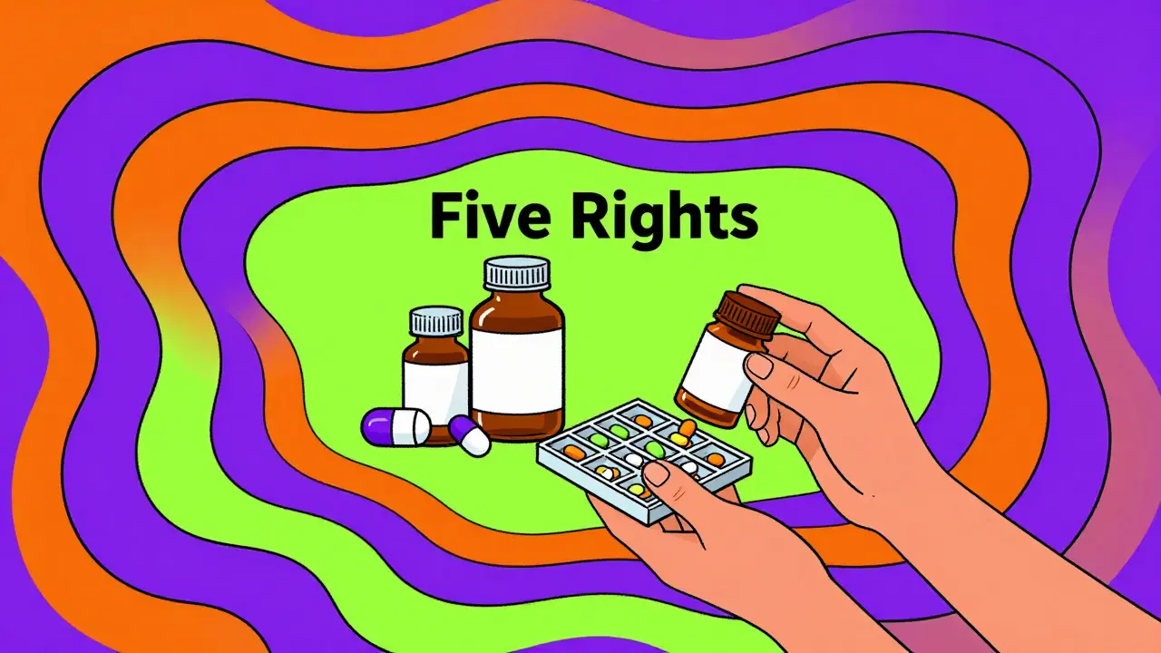 Stylized illustration of hands auditing medication with vibrant swirling patterns.