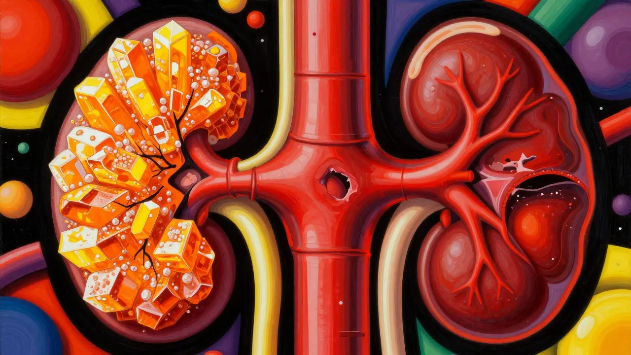 Surreal art showing the combined damage of high blood sugar and high blood pressure on kidney filters.