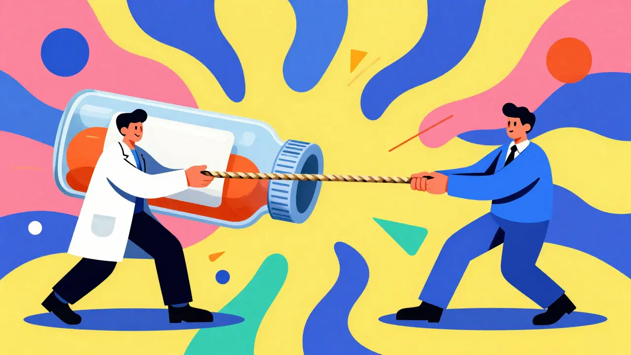 Two stylized figures playing tug-of-war with a large, colorful medicine bottle.