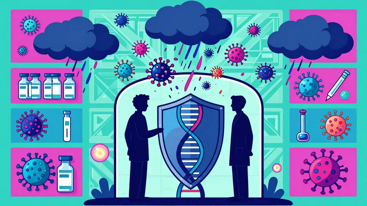 Vector illustration of doctor and patient shielded against microbe storms with geometric patterns.